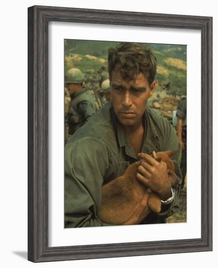 American Soldier Cradling Dog While under Siege at Khe Sanh-Larry Burrows-Framed Photographic Print