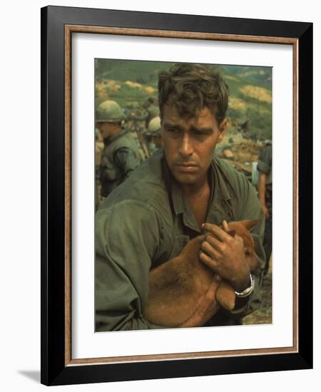 American Soldier Cradling Dog While under Siege at Khe Sanh-Larry Burrows-Framed Photographic Print