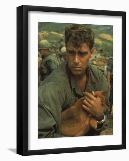 American Soldier Cradling Dog While under Siege at Khe Sanh-Larry Burrows-Framed Photographic Print