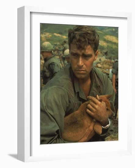 American Soldier Cradling Dog While under Siege at Khe Sanh-Larry Burrows-Framed Photographic Print