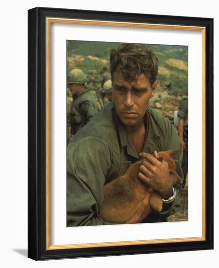 American Soldier Cradling Dog While under Siege at Khe Sanh-Larry Burrows-Framed Photographic Print