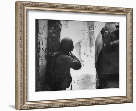 American Soldier Firing Back at Unseen German Sniper During the Battle For Cisterna-George Silk-Framed Photographic Print