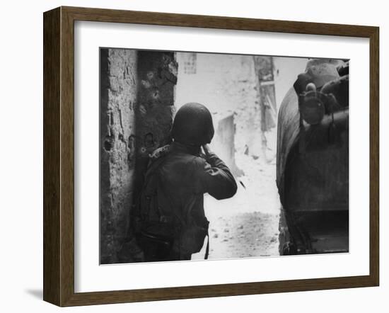 American Soldier Firing Back at Unseen German Sniper During the Battle For Cisterna-George Silk-Framed Photographic Print