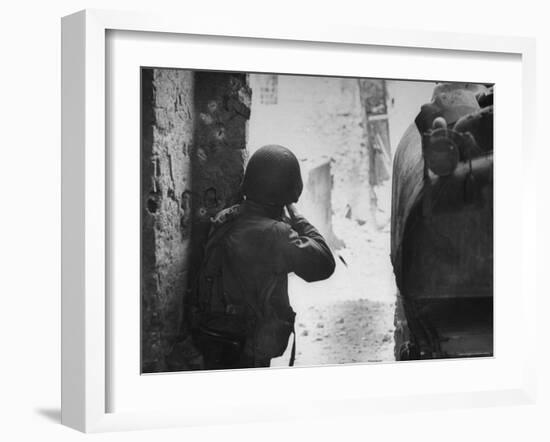 American Soldier Firing Back at Unseen German Sniper During the Battle For Cisterna-George Silk-Framed Photographic Print