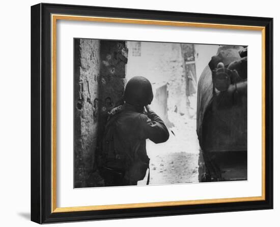 American Soldier Firing Back at Unseen German Sniper During the Battle For Cisterna-George Silk-Framed Photographic Print