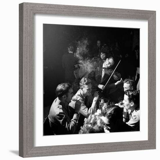 American Soldiers Drinking Champagne and Listening to Violinist at Nightclub "La Parisana."-George Silk-Framed Photographic Print