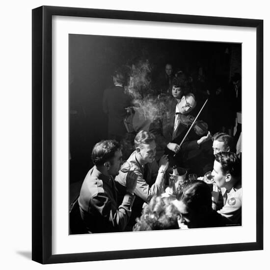 American Soldiers Drinking Champagne and Listening to Violinist at Nightclub "La Parisana."-George Silk-Framed Photographic Print