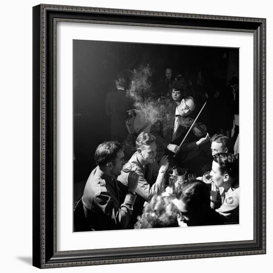 American Soldiers Drinking Champagne and Listening to Violinist at Nightclub "La Parisana."-George Silk-Framed Photographic Print