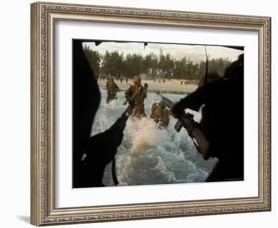 American Soldiers of 7th Marines Coming Ashore Cape Batangan While under Fire During Vietnam War-Paul Schutzer-Framed Photographic Print