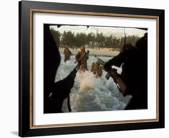 American Soldiers of 7th Marines Coming Ashore Cape Batangan While under Fire During Vietnam War-Paul Schutzer-Framed Photographic Print