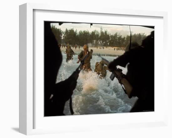 American Soldiers of 7th Marines Coming Ashore Cape Batangan While under Fire During Vietnam War-Paul Schutzer-Framed Photographic Print