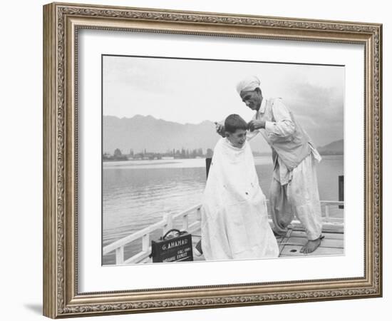 American Tourist, Young Danny Thomas Receiving Hair Cut on House Boat During Vacationing-James Burke-Framed Photographic Print