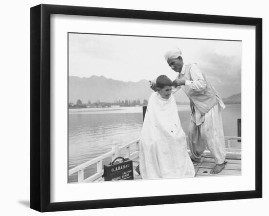 American Tourist, Young Danny Thomas Receiving Hair Cut on House Boat During Vacationing-James Burke-Framed Photographic Print