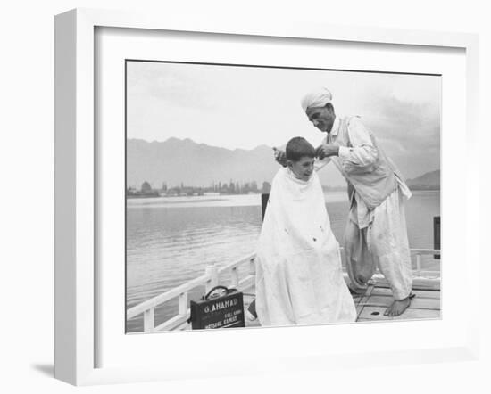 American Tourist, Young Danny Thomas Receiving Hair Cut on House Boat During Vacationing-James Burke-Framed Photographic Print