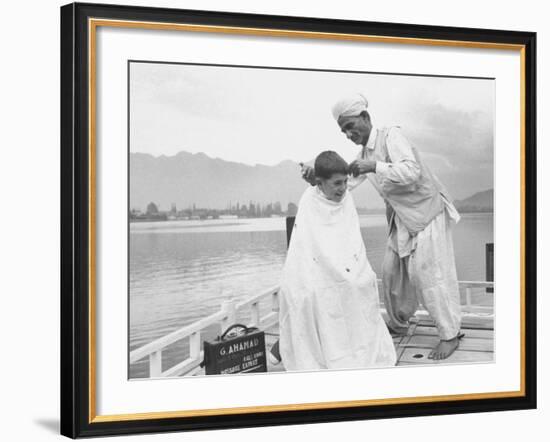 American Tourist, Young Danny Thomas Receiving Hair Cut on House Boat During Vacationing-James Burke-Framed Photographic Print
