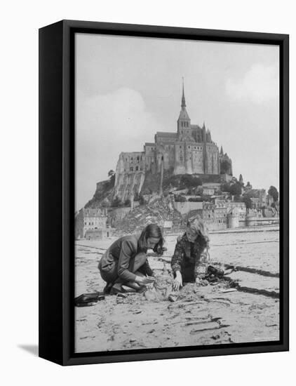 American Travelers Building a Sand Replica of France's Medieval Abbey at Mont Saint Michel-Yale Joel-Framed Premier Image Canvas