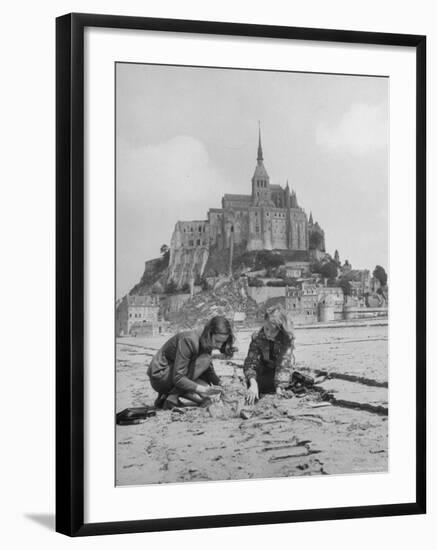 American Travelers Building a Sand Replica of France's Medieval Abbey at Mont Saint Michel-Yale Joel-Framed Photographic Print