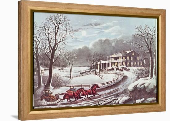 American Winter Evening Scene-Currier & Ives-Framed Premier Image Canvas