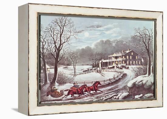 American Winter Evening Scene-Currier & Ives-Framed Premier Image Canvas