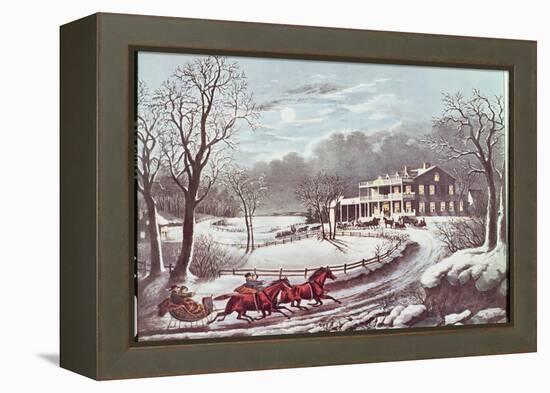 American Winter Evening Scene-Currier & Ives-Framed Premier Image Canvas