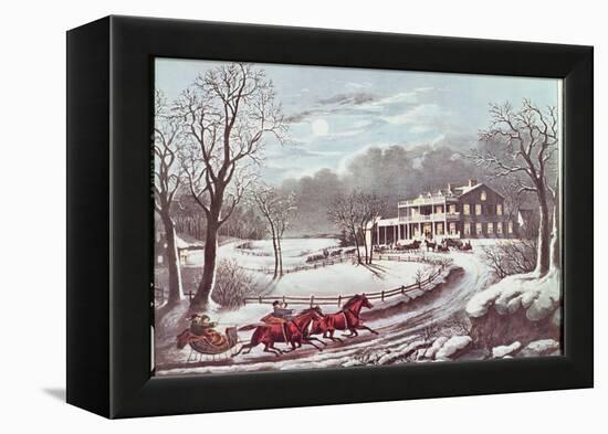 American Winter Evening Scene-Currier & Ives-Framed Premier Image Canvas