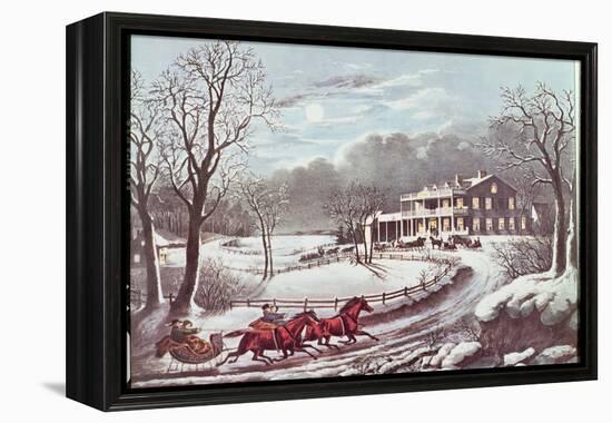 American Winter Evening Scene-Currier & Ives-Framed Premier Image Canvas