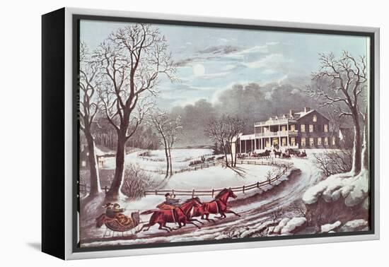 American Winter Evening Scene-Currier & Ives-Framed Premier Image Canvas