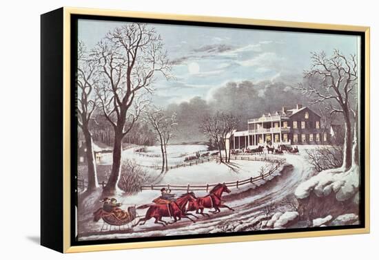 American Winter Evening Scene-Currier & Ives-Framed Premier Image Canvas