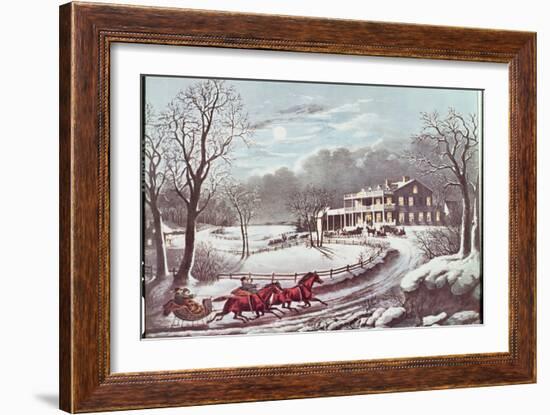 American Winter Evening Scene-Currier & Ives-Framed Giclee Print