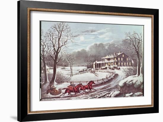 American Winter Evening Scene-Currier & Ives-Framed Giclee Print