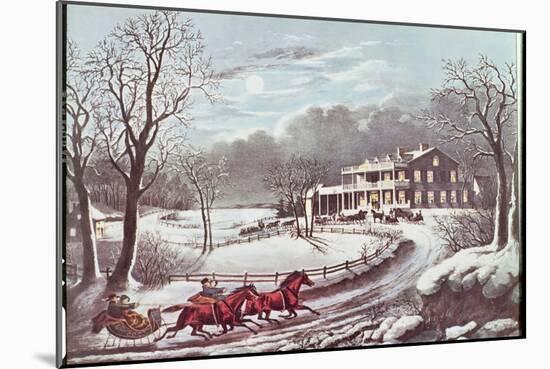 American Winter Evening Scene-Currier & Ives-Mounted Giclee Print