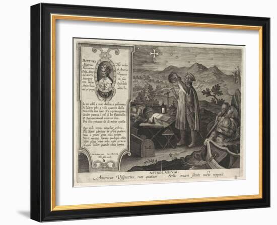 Amerigo Vespucci Finding the Southern Cross Constellation with an Astrolabe, 1591-Philipp Galle-Framed Giclee Print