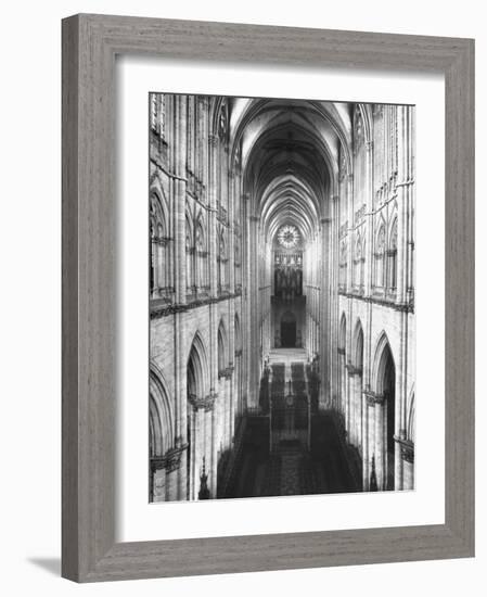 Amiens Cathedral Showing High Vaulted Arches, Rose Window in Distance, Sublime Gothic Expression-Nat Farbman-Framed Photographic Print