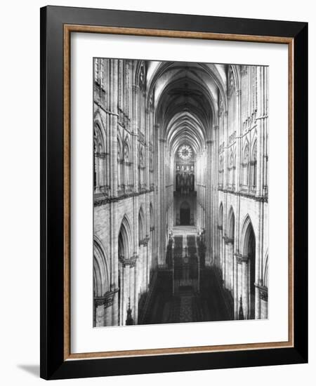 Amiens Cathedral Showing High Vaulted Arches, Rose Window in Distance, Sublime Gothic Expression-Nat Farbman-Framed Photographic Print