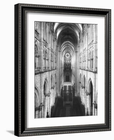 Amiens Cathedral Showing High Vaulted Arches, Rose Window in Distance, Sublime Gothic Expression-Nat Farbman-Framed Photographic Print