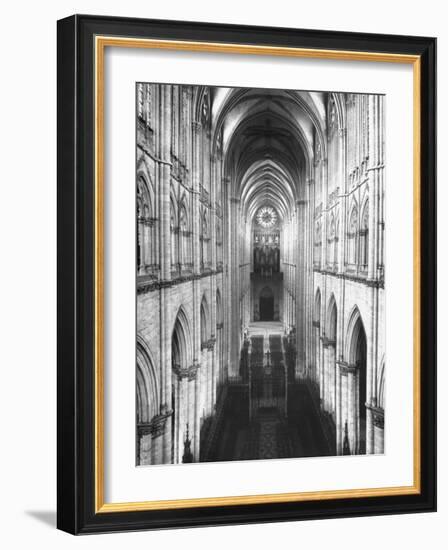 Amiens Cathedral Showing High Vaulted Arches, Rose Window in Distance, Sublime Gothic Expression-Nat Farbman-Framed Photographic Print