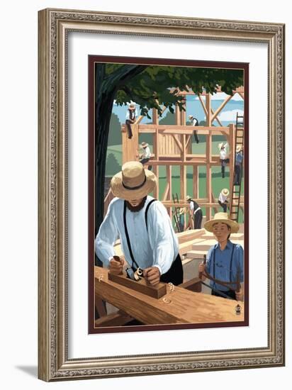 Amish Barnraising Scene-Lantern Press-Framed Art Print