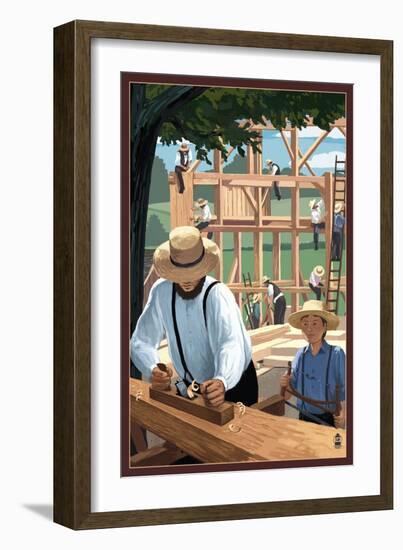 Amish Barnraising Scene-Lantern Press-Framed Art Print