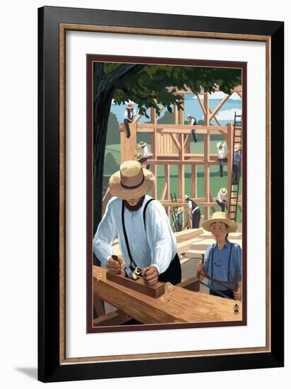 Amish Barnraising Scene-Lantern Press-Framed Art Print