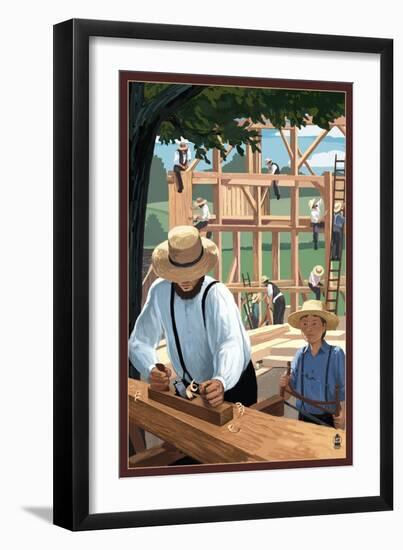 Amish Barnraising Scene-Lantern Press-Framed Art Print