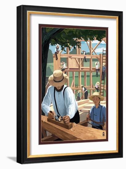 Amish Barnraising Scene-Lantern Press-Framed Art Print