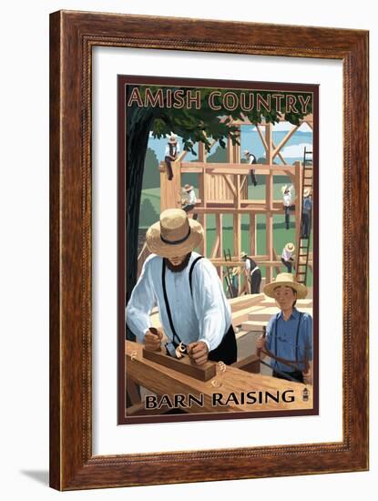 Amish Country - Barn Raising-Lantern Press-Framed Art Print