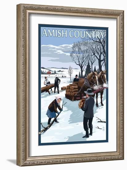 Amish Country - Gathering Firewood Winter Scene-Lantern Press-Framed Art Print