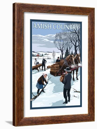 Amish Country - Gathering Firewood Winter Scene-Lantern Press-Framed Art Print