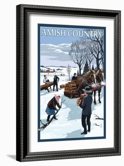 Amish Country - Gathering Firewood Winter Scene-Lantern Press-Framed Art Print