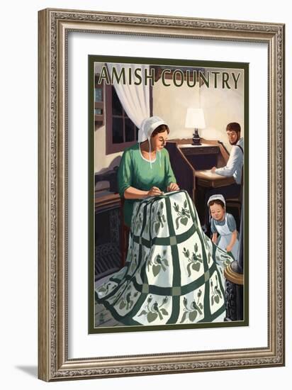 Amish Country - Quilting Scene-Lantern Press-Framed Art Print