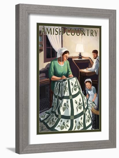 Amish Country - Quilting Scene-Lantern Press-Framed Art Print