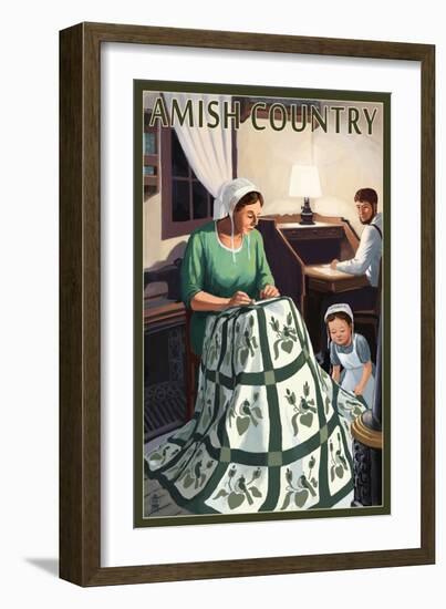 Amish Country - Quilting Scene-Lantern Press-Framed Art Print