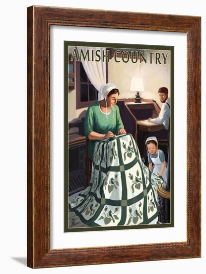 Amish Country - Quilting Scene-Lantern Press-Framed Art Print