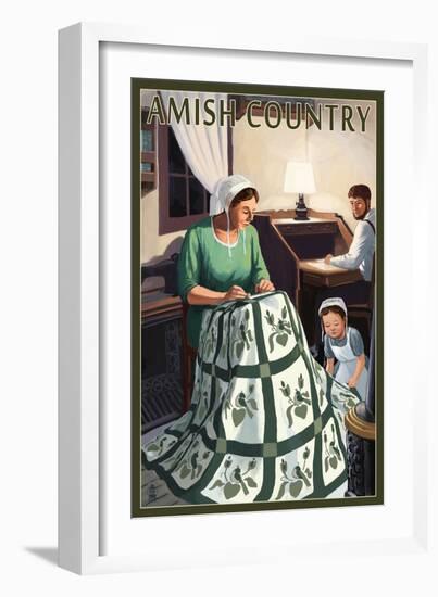 Amish Country - Quilting Scene-Lantern Press-Framed Art Print